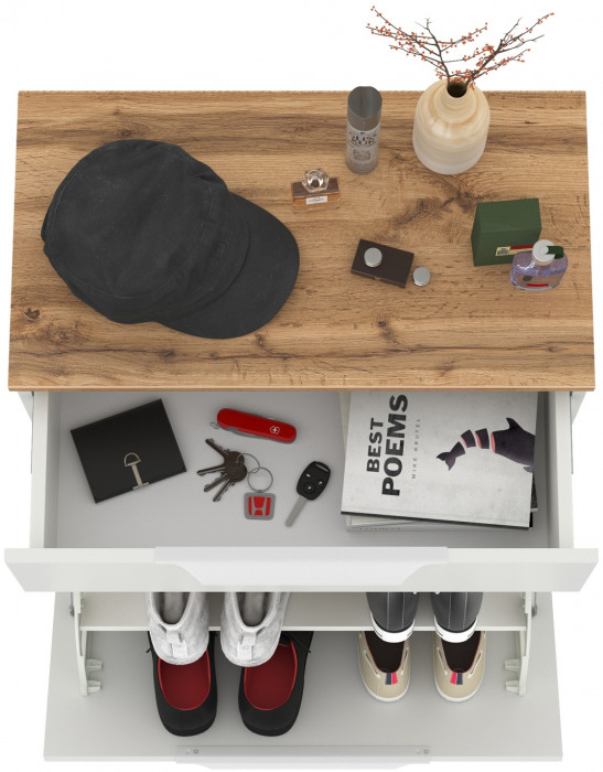 Октава 16.127 Тумба для обуви, белый шагрень/дуб крафт золотой/фасады МДФ белый шагрень