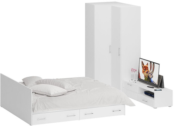 Спальня Стандарт 4-1800Я, белый/фасады ТВ тумбы МДФ белый глянец