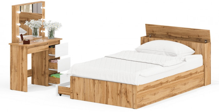 Ксения Кровать с ящиками 1200 + Стол косметический с подсветкой Сура, дуб вотан/белый
