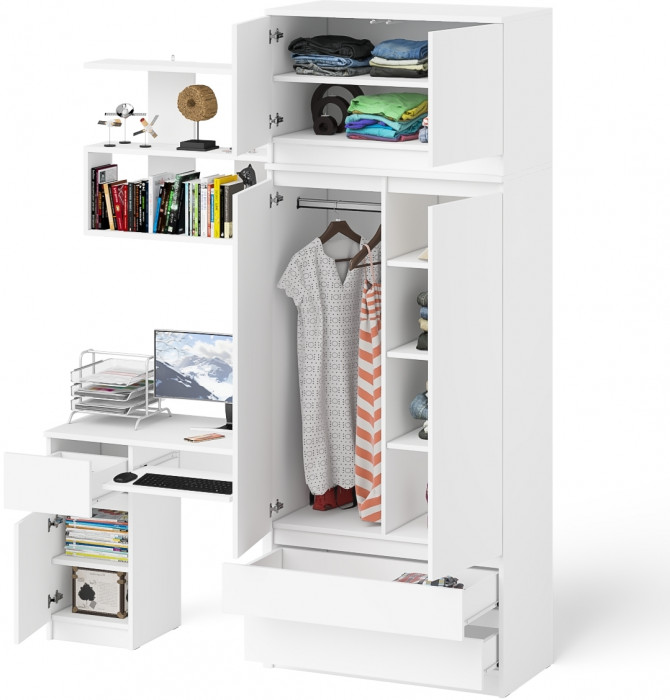 Мори Стол компьютерный МС-1 левый + Шкаф МШ900.1 + Антресоль МА900.1 + Полка 900, цвет белый, ШхГхВ 180,4х50,4х234,2 см., НЕ универс. сборка