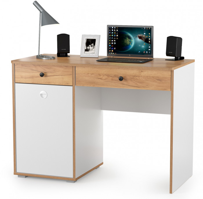 Вуди письменный стол 12.42 + Полка 15.46, белый премиум/дуб крафт золотой