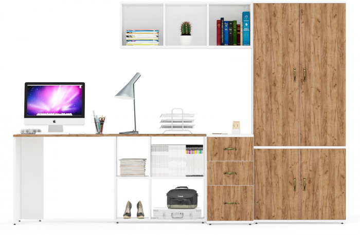 Лидер-8 Стол + Полка + Тумба МД 3.16 + Шкаф МД 20Б, белый шагрень/крафт золото