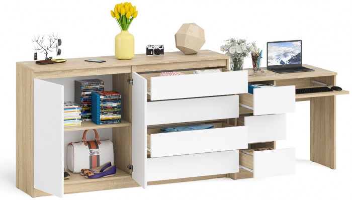 Мори компьютерный стол МС-6 левый + Комод МК1600.1, дуб сонома/белый