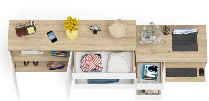 Мори компьютерный стол МС-6 левый + Комод МК1600.1, дуб сонома/белый