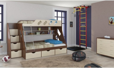 Детская двухъярусная кровать Дельта 20.01+23.02+25 (Оранжевый, Дуб Сонома)