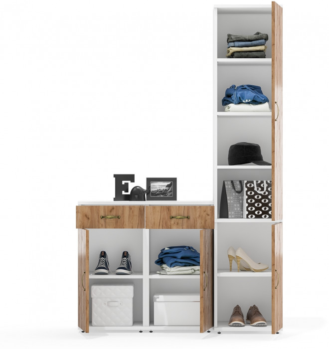 Лидер-8 Пенал МД 22Б + Тумба МД 3.15 + Тумба МД 3.15, цвет белый шагрень/крафт золото, ШхГхВ 120х37,5х190 см., универсальная сборка