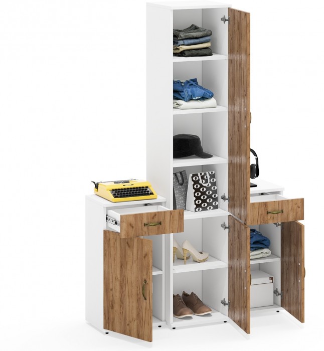 Лидер-8 Пенал МД 22Б + Тумба МД 3.15 + Тумба МД 3.15, цвет белый шагрень/крафт золото, ШхГхВ 120х37,5х190 см., универсальная сборка