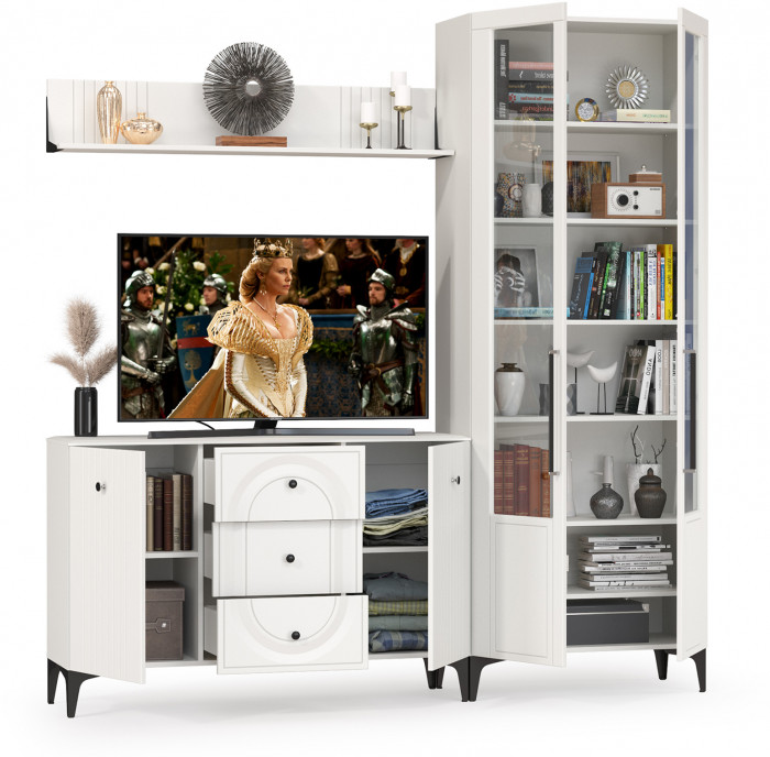 Валенсия Гостиная № 096, цвет ЛДСП белый шагрень/МДФ белый шагрень, ШхГхВ 217,3х38,4х225,2 см., универсальная сборка