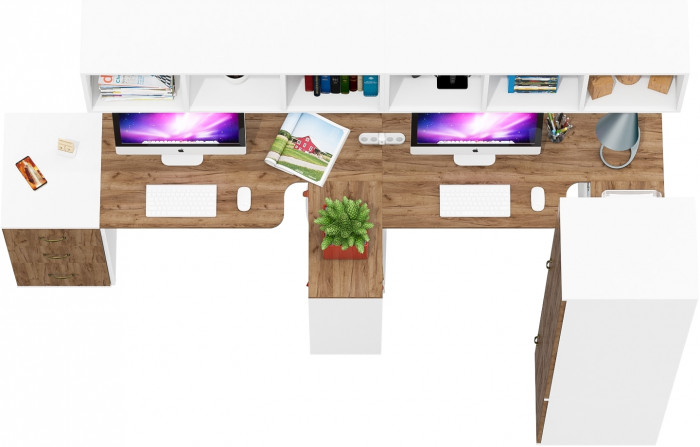 Лидер-8 Стол + Полка + Стол + Полка + Пенал МД 23Б + Тумба МД 3.16, белый шагрень/крафт золото