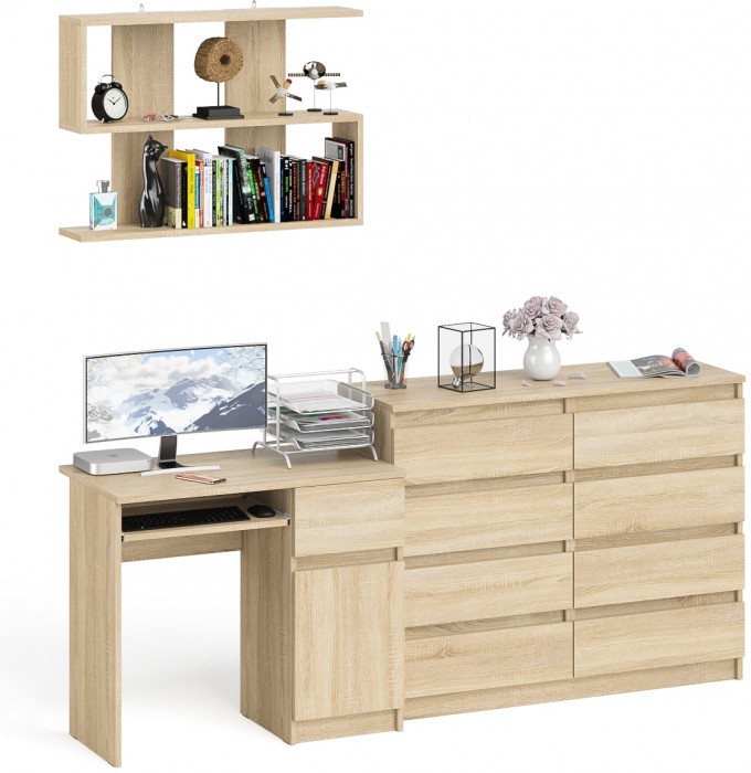 Мори компьютерный стол МС-1 правый + Комод МК1200.8 + Полка 900, дуб сонома