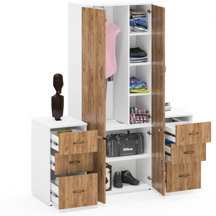 Лидер-8 Шкаф МД 20Б + Тумба МД 3.16 + Тумба МД 3.16, цвет белый шагрень/крафт золото, ШхГхВ 160х50х190 см., НЕ универсальная сборка