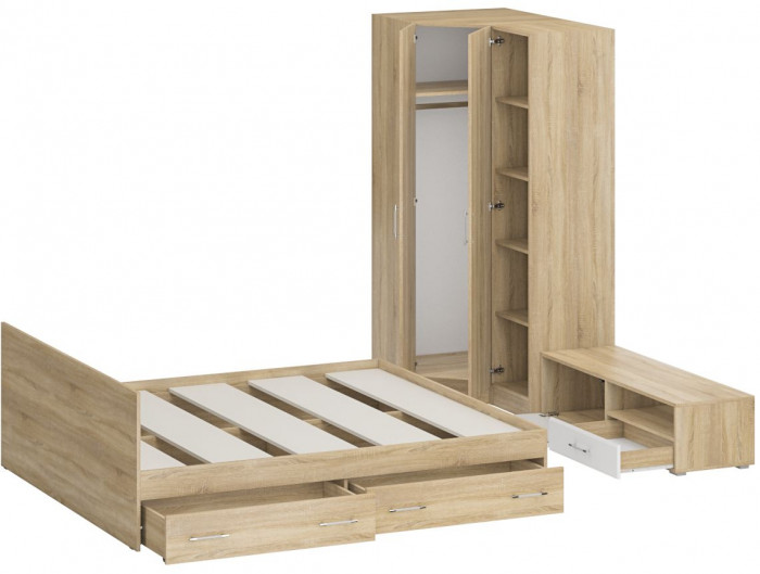 Спальня Стандарт 4-1800Я, дуб сонома/фасады ТВ тумбы МДФ белый глянец