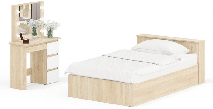 Ксения Кровать с ящиками 1200 + Стол косметический с подсветкой Сура, дуб сонома/белый