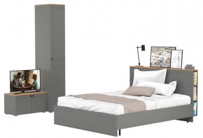 Остин 11.53 Кровать + ортопед + 13.225 Шкаф-пенал + 13.257 Тумба, серый графит/дуб крафт золотой