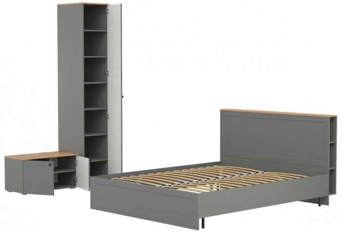 Остин 11.53 Кровать + ортопед + 13.225 Шкаф-пенал + 13.257 Тумба, серый графит/дуб крафт золотой