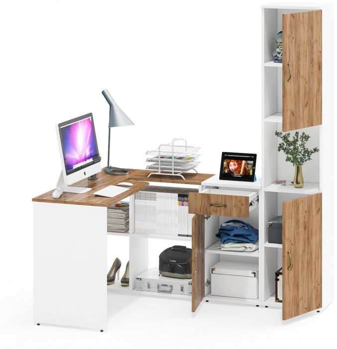 Лидер-8 Стол + Тумба МД 3.15 + Пенал, цвет белый шагрень/крафт золото, ШхГхВ 245х50/30х75/190 см. или 115х50/160х75/190 см., НЕ универсальная сборка