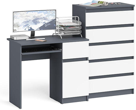 Мори Стол компьютерный МС-1 правый + Комод МК700.5, цвет графит/белый, ШхГхВ 160,4х50х114 см., выдвижной ящик справа, НЕ универсальная сборка