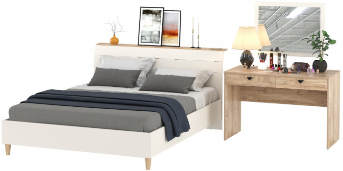 Муссон Кровать 11.41 + ортопед + Бостон 12.69 + Зеркало СВК, цвет белый/дуб эндгрейн элегантный, сп. м. 1600х2000 мм., б/м