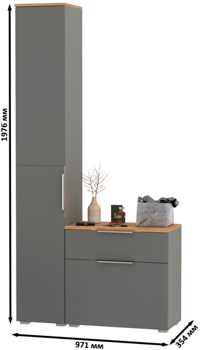 Октава Прихожая 13, цвет серый графит/дуб крафт золотой/фасады МДФ серый графит, ШхГхВ 97,1х35,4х197,6 см., универсальная сборка
