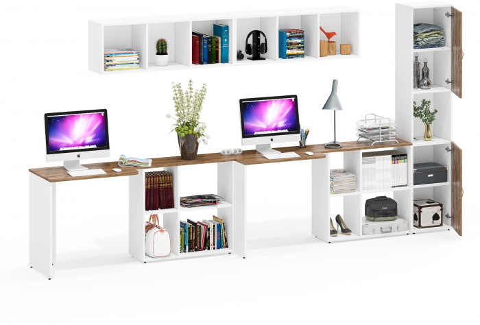 Лидер-8 Стол + Полка + Стол + Полка + Пенал, белый шагрень/крафт золото