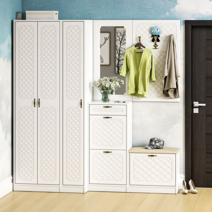 Прихожая П-6 Компоновка № 51, белая шагрень/фасады МДФ белое дерево фрезеровка ромб