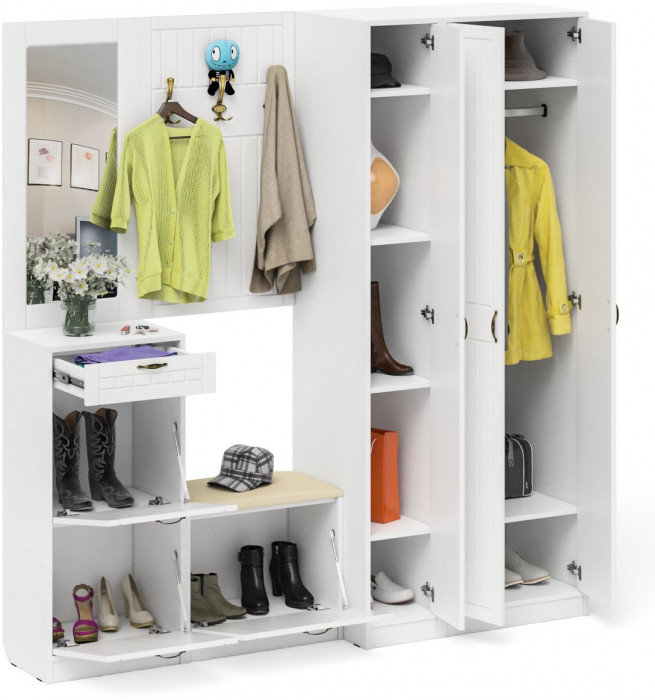 Прихожая П-6 Компоновка № 51, цвет белая шагрень/фасады МДФ белое дерево фрезеровка прованс, ШхГхВ 200х50х210 см., универсальная сборка