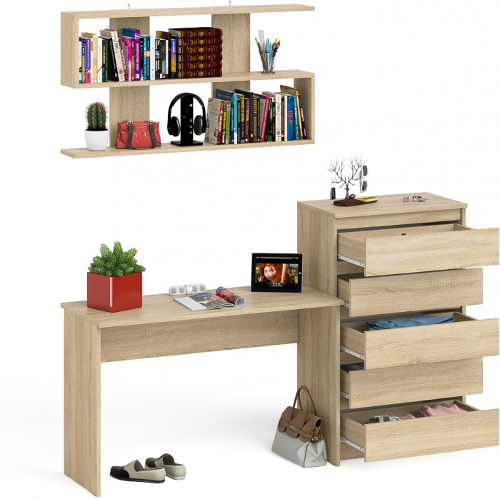 Мори письменный стол МСП1200.1 + Комод МК700.5 + Полка 1200, дуб сонома