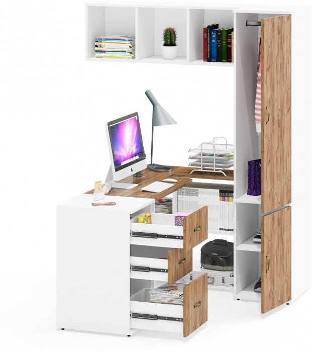 Лидер-8 Стол + Полка + Тумба МД 3.16 + Пенал МД 23Б, цвет белый шагрень/крафт золото, ШхГхВ 245х50/37,5х75/190 или 155х120/50х75/190 см., НЕ ун. сб.