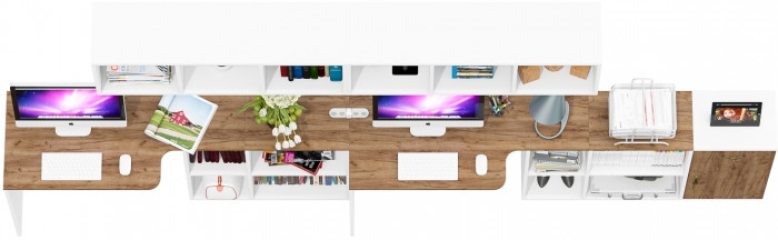 Лидер-8 Стол + Полка + Стол + Полка + Тумба МД 3.15, белый шагрень/крафт золото