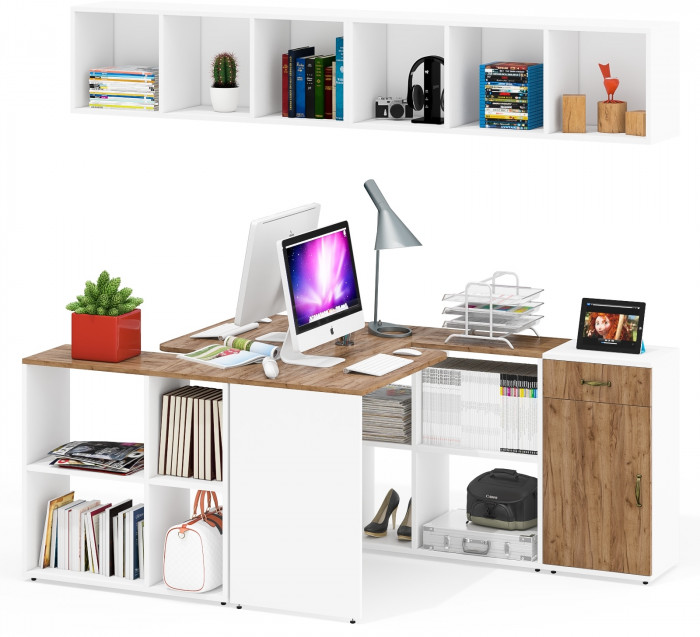 Лидер-8 Стол + Полка + Стол + Полка + Тумба МД 3.15, белый шагрень/крафт золото