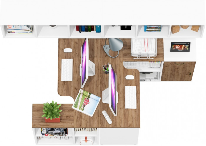 Лидер-8 Стол + Полка + Стол + Полка + Тумба МД 3.15, белый шагрень/крафт золото