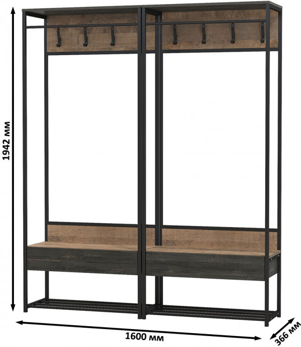 Трувор 15.120 Прихожая + 15.120 Прихожая, цвет дуб гранж песочный/интра, ШхГхВ 160х36,6х194,2 см.