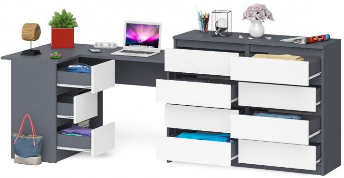 Мори компьютерный стол МС-16 левый + Комод МК1200.8, графит/белый