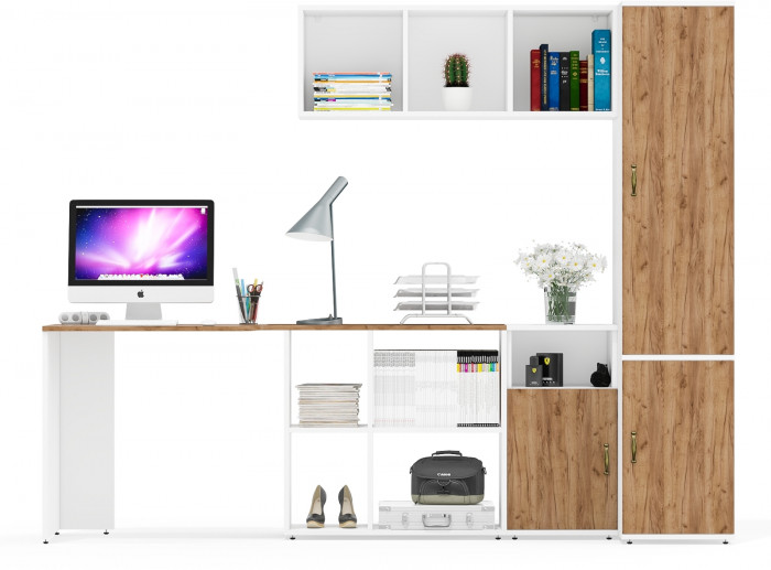 Лидер-8 Стол + Полка + Тумба МД 3.19 + Пенал МД 23Б, белый шагрень/крафт золото