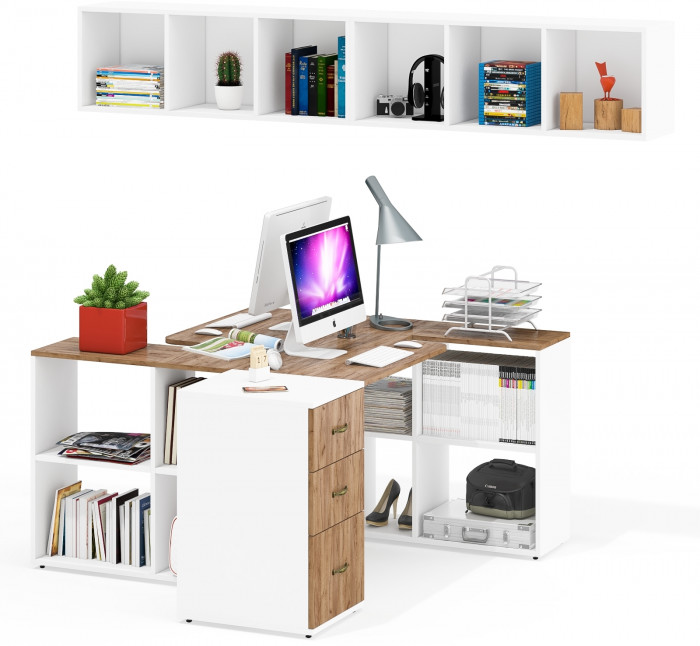 Лидер-8 Стол + Полка + Стол + Полка + Тумба МД 3.16, белый шагрень/крафт золото