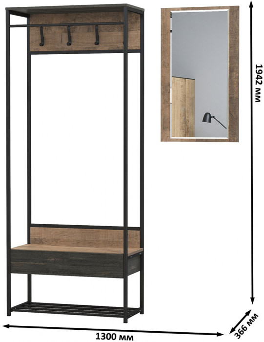 Трувор 15.120 Прихожая + 15.30 Зеркало, цвет дуб гранж песочный/интра, ШхГхВ 130х36,6х194,2 см., универсальная сборка