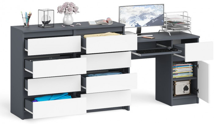 Мори компьютерный стол МС-1 правый + Комод МК1200.8, графит/белый