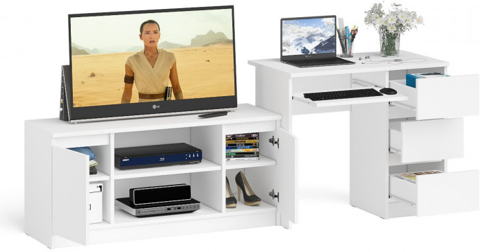 Мори Стол компьютерный МС-6 правый + Тумба МТВ1200.1, цвет белый, ШхГхВ 210,4х50х76,6 см., выдвижные ящики справа, НЕ универсальная сборка