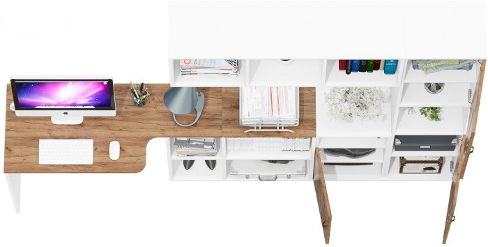 Лидер-8 Стол + Полка + Тумба МД 3.19 + Пенал, белый шагрень/крафт золото