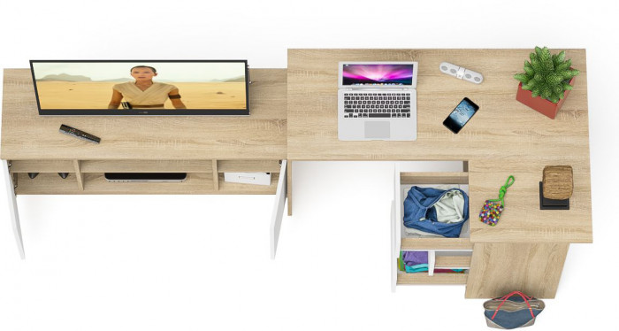 Мори компьютерный стол МС-16 правый + Тумба МТВ1200.1, дуб сонома/белый