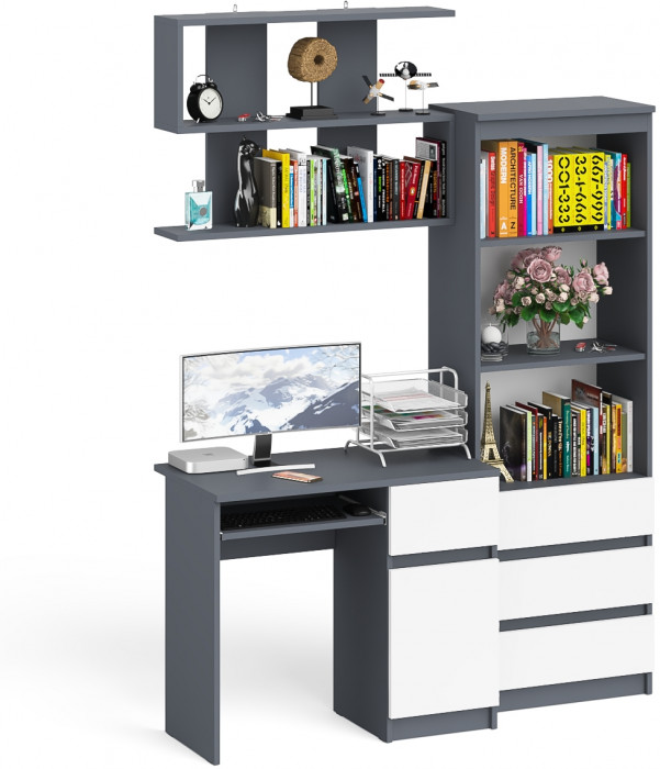 Мори Стол компьютерный МС-1 правый + Стеллаж МСТ600.3 + Полка 900, цвет графит/белый, ШхГхВ 150,4х50х209,6 см., НЕ универсальная сборка