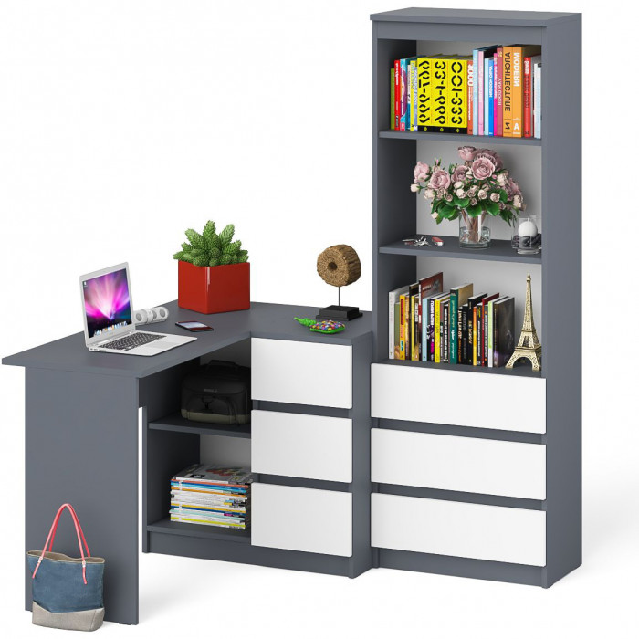 Мори Стол компьютерный МС-16 правый + Стеллаж МСТ600.3, цвет графит/белый, ШхГхВ 184,8х84,9х179,6 см., выдвижные ящики справа, НЕ универсальная сборка
