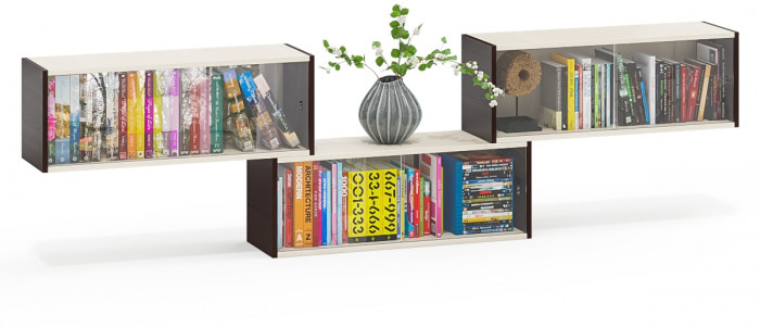 Три полки книжных С-МД-КН01, цвет венге/дуб, ШхГхВ размер каждой полки в отдельности: 83х25х30 см., стеклянные дверцы