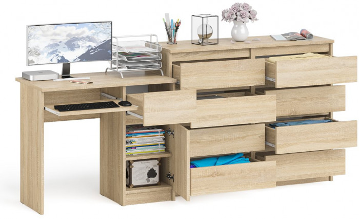 Мори компьютерный стол МС-1 правый + Комод МК1200.8, дуб сонома