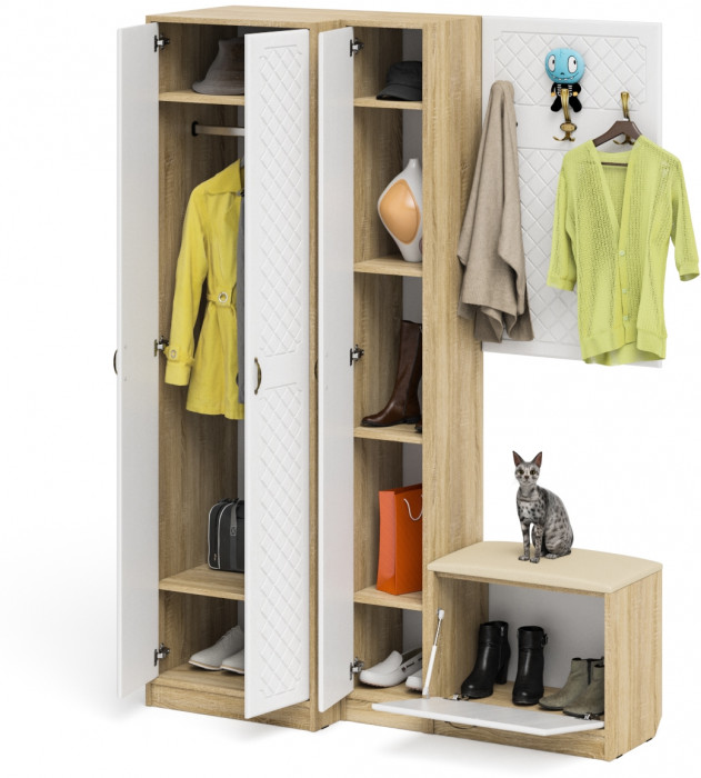 Прихожая П-6 Компоновка № 27, цвет дуб сонома/фасады МДФ белое дерево фрезеровка ромб, ШхГхВ 150х50х210 см., универсальная сборка