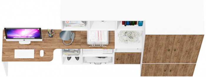 Лидер-8 Стол + Полка + Тумба МД 3.19 + Шкаф МД 19Б, белый шагрень/крафт золото