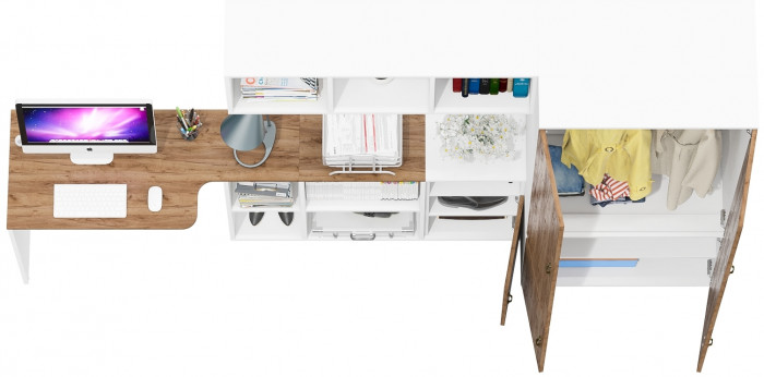 Лидер-8 Стол + Полка + Тумба МД 3.19 + Шкаф МД 19Б, белый шагрень/крафт золото