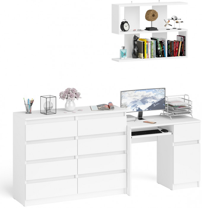 Мори компьютерный стол МС-1 правый + Комод МК1200.8 + Полка 900, белый