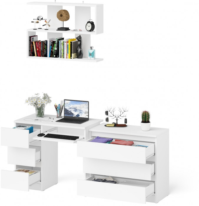 Мори компьютерный стол МС-6 левый + Комод МК800.1 + Полка 900, белый