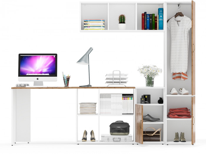 Лидер-8 Стол + Полка + Тумба МД 3.19 + Пенал МД 21Б, цвет белый шагрень/крафт золото, ШхГхВ 245х50/37,5х75/190 или 115х160/50х75/190 см., НЕ ун. сб.